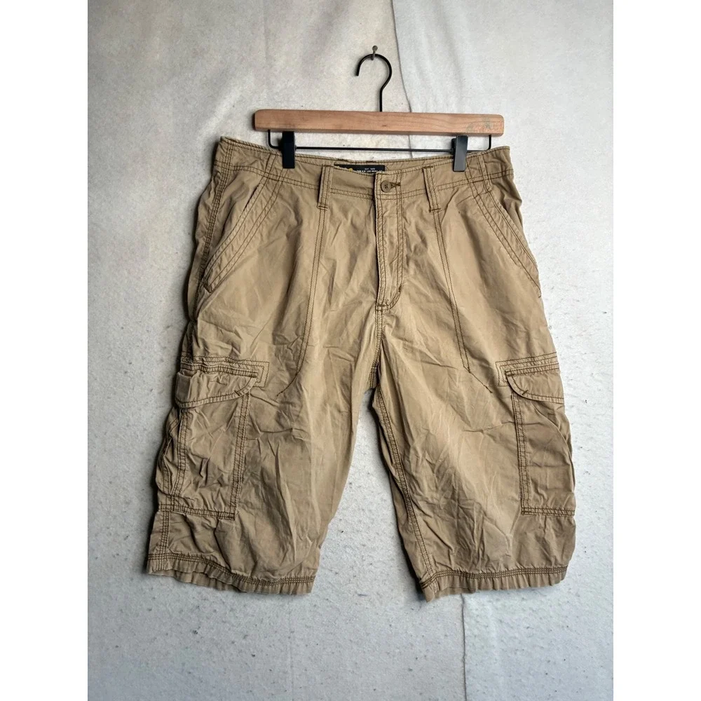 Lee Dungarees Mens Tan Cargo Shorts Size 33 Khaki Utility Workwear Distressed